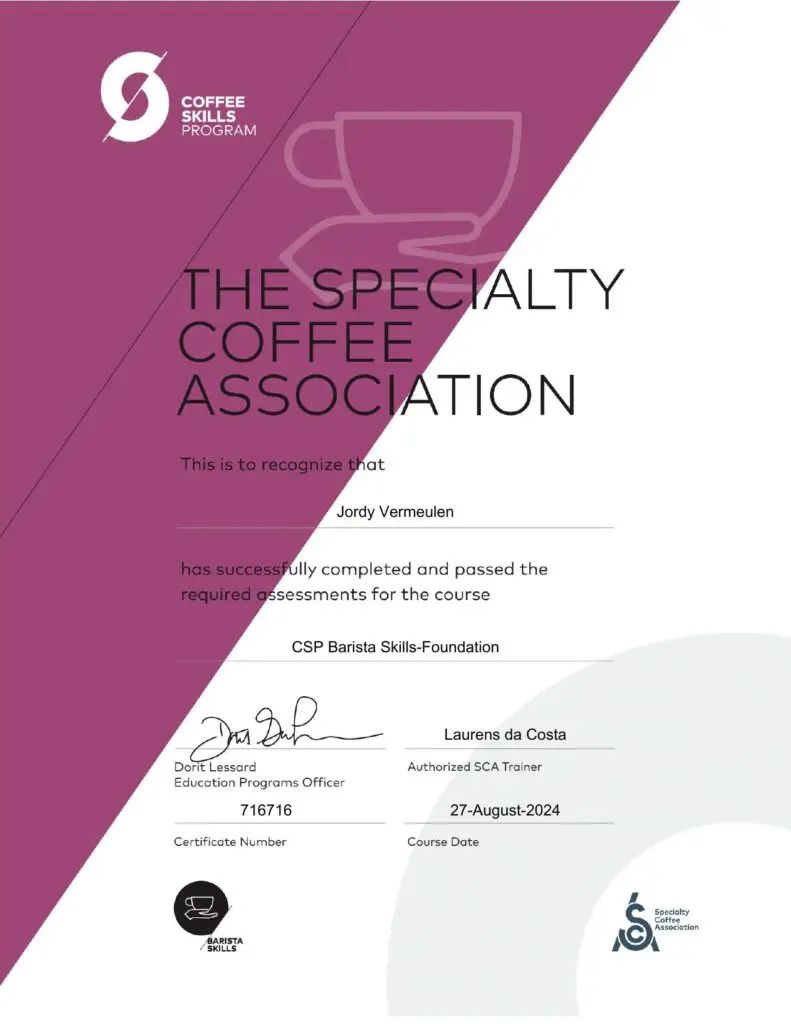 Certificaat Barista Skills Foundation van Jordy Vermeulen