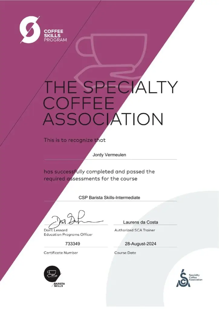 Certificaat Barista Skills Intermediate van Jordy Vermeulen
